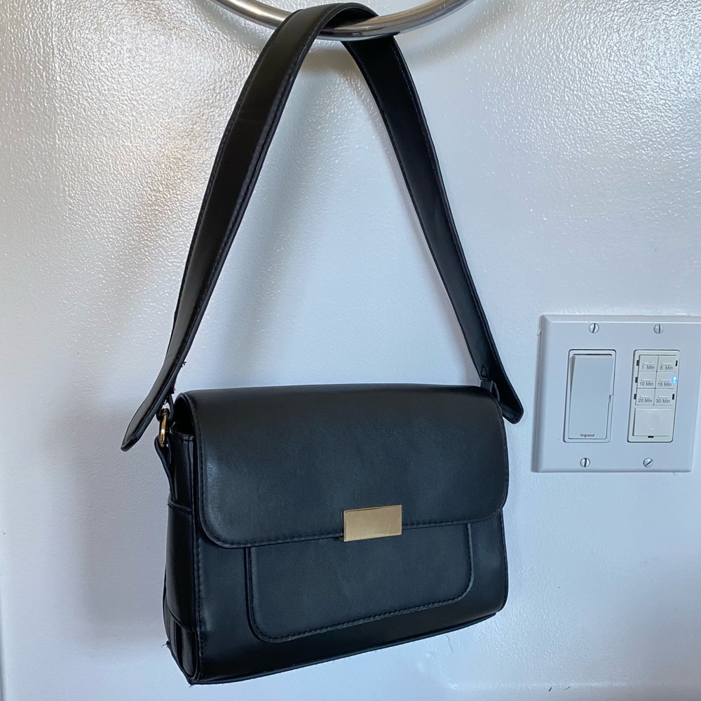 A New Day Black Faux Leather Shoulder Purse with Gold Accents
